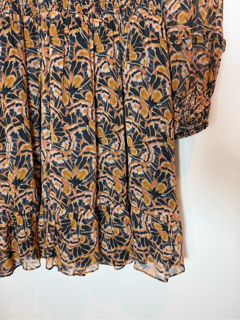 Shoshanna Smocked Waist Black/Brown Floral V-Neck Dress Long Sleeve Size 8 - Picture 4 of 10